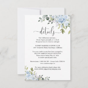 Carte de détails de mariage aux fleurs bleues pous