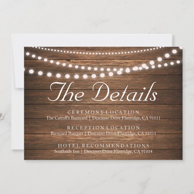 Carte de détails de mariage avec guirlande lumineu (Devant)