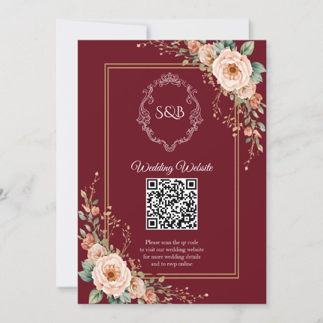 Carte de détails de mariage avec monogramme et QR  (Devant)