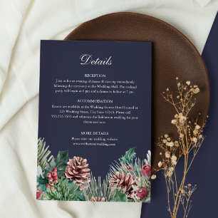 Carte de détails de mariage avec verdure hivernale