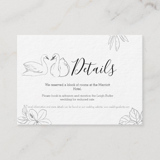 Carte de détails de mariage Cygne esquisse et flor (Devant)