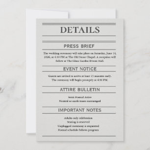 Carte de détails de mariage de style journalistiqu