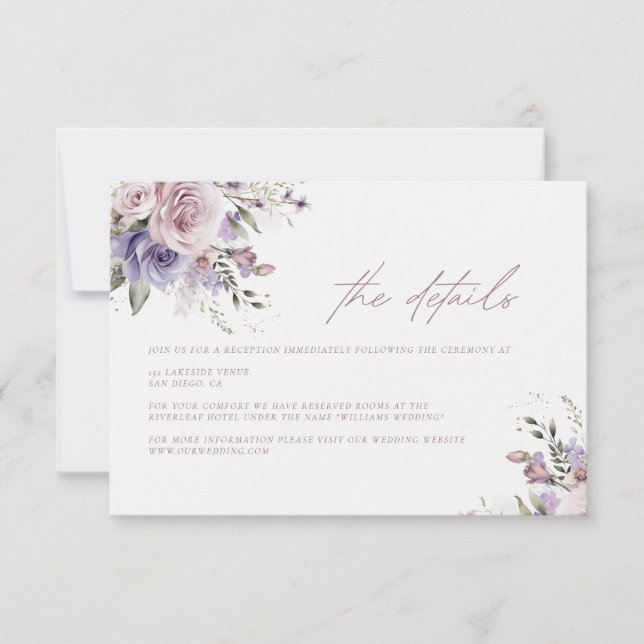 Carte de détails de mariage Dusty Mauve & Lavender (Devant)