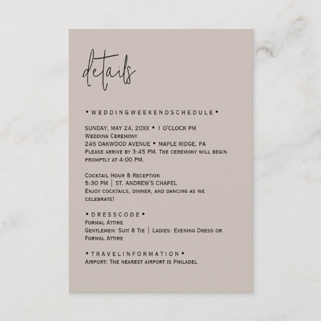 Carte de détails de mariage éditable de couleur (Devant)