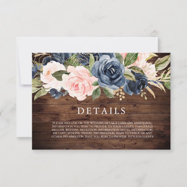 Carte de détails de mariage élégant rustique bleu  (Devant)