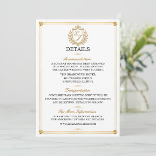 Carte de détails de mariage élégante au blason dor