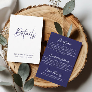 Carte de détails de mariage élégante bleu marine e