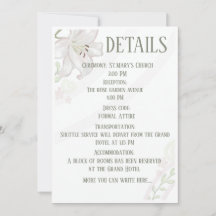 Carte de détails de mariage Élégante Lys Blanc Bot