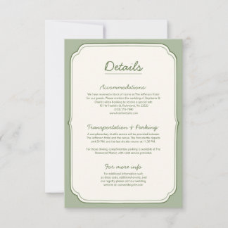 Carte de détails de mariage élégante vert sauge