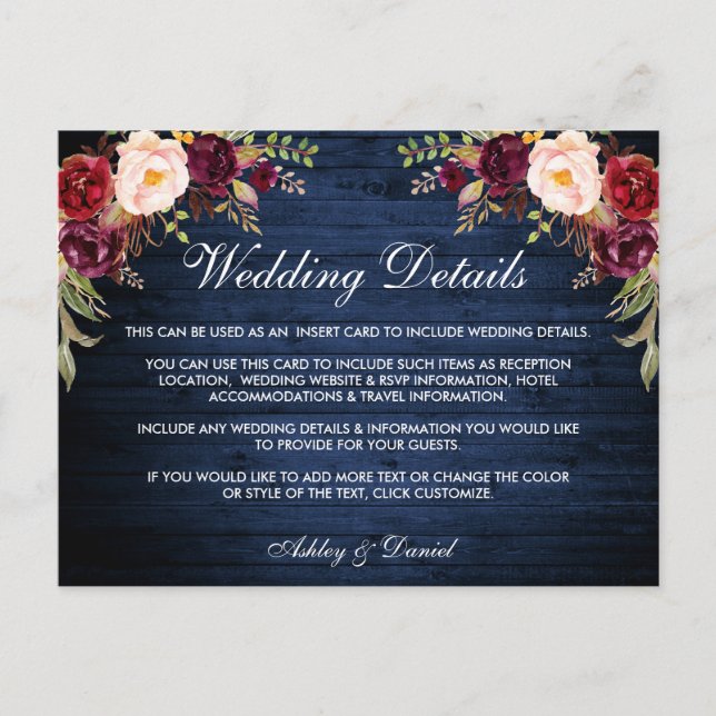 Carte de détails de mariage en bois floral rustiqu (Devant)