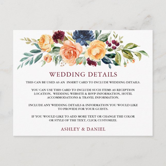 Carte de détails de mariage floral aquarelle borde (Devant)