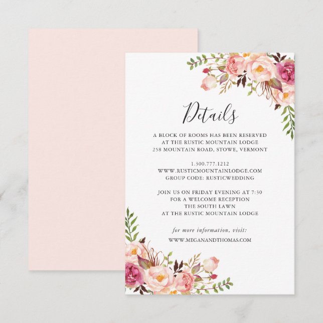 Carte de détails de mariage floral rose (Devant / Derrière)