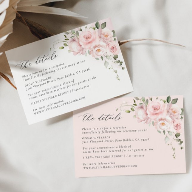 Carte de détails de mariage florale Rose rose (Details Card 2 Colors)