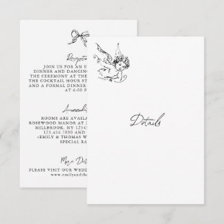 Carte de détails de mariage illustrée en noir et b