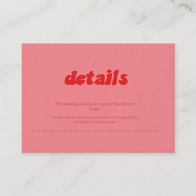 Carte de détails de mariage intime rétro rose et r (Devant)