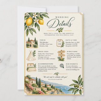 Carte de détails de mariage méditerranéen au citro