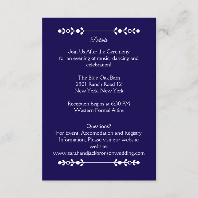 Carte de détails de mariage moderne navy et blanc (Devant)