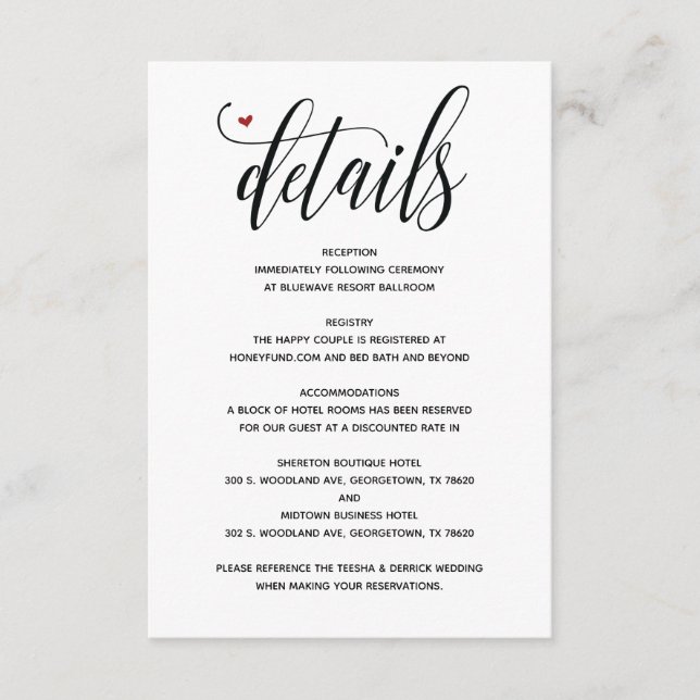 Carte de détails de mariage rustique moderne v1 (Devant)