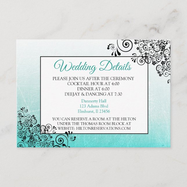 Carte de détails de mariage turquoise et noir élég (Devant)