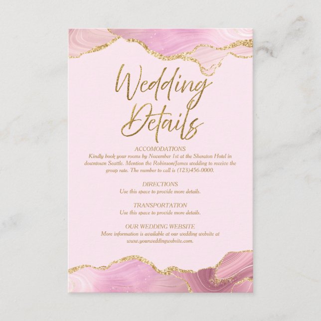 Carte de détails du Mariage d'âge rose et or (Devant)