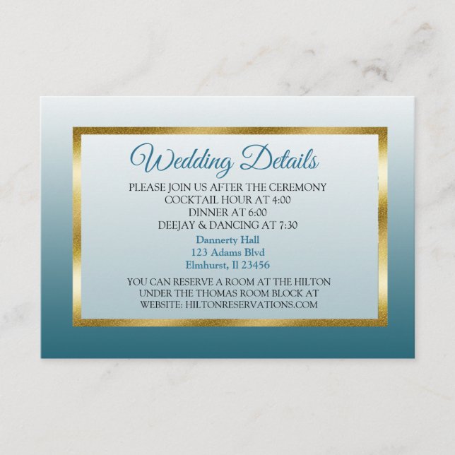 Carte de détails du Mariage de dégradé bleu et or (Devant)