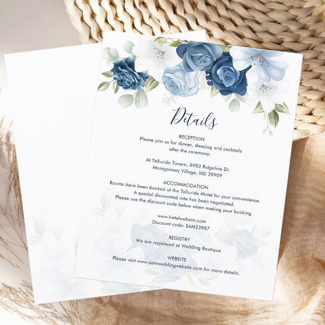 Carte de détails du Mariage en fleurs bleues Dusty (Dusty Blue Floral Wedding Details Enclosure Card)