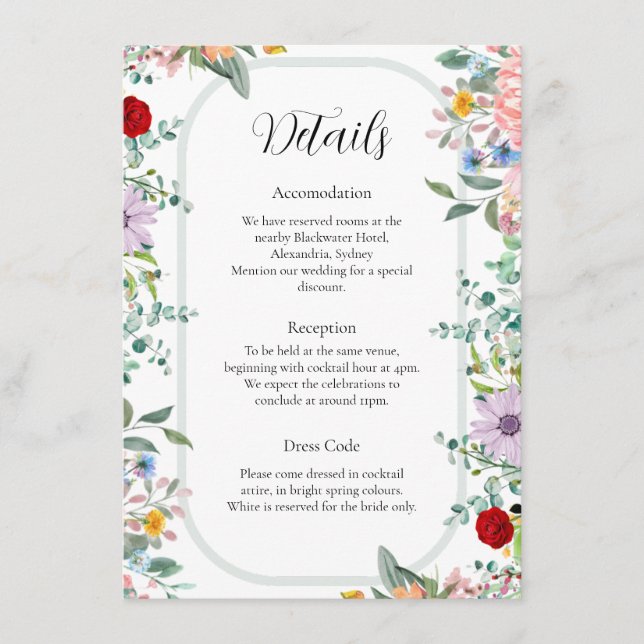 Carte de détails du Mariage Fleur sauvage vibrant (Devant)