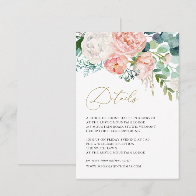 Carte de détails du Mariage floral Blush Garden (Devant / Derrière)