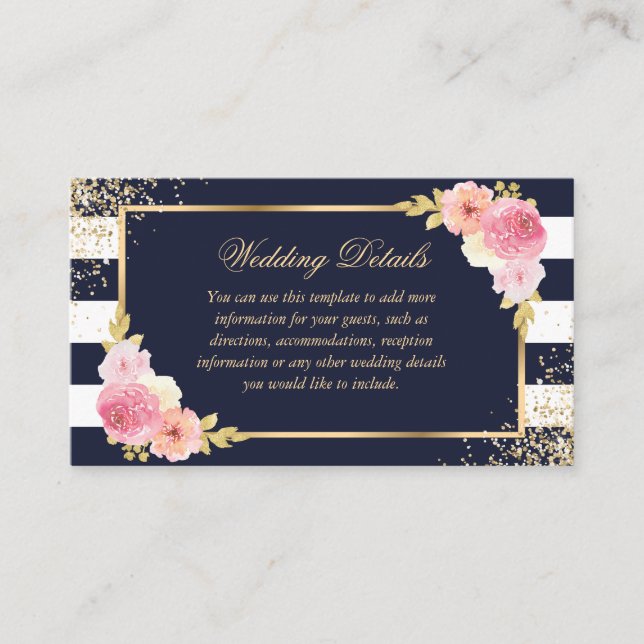 Carte de détails du Mariage floral rose bleu marin (Devant)