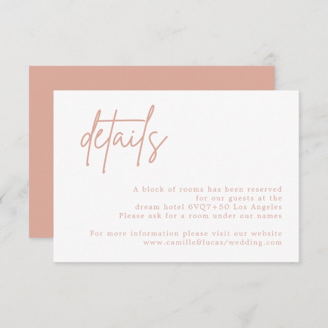 Carte de détails du Mariage rose Dusty (Devant / Derrière)