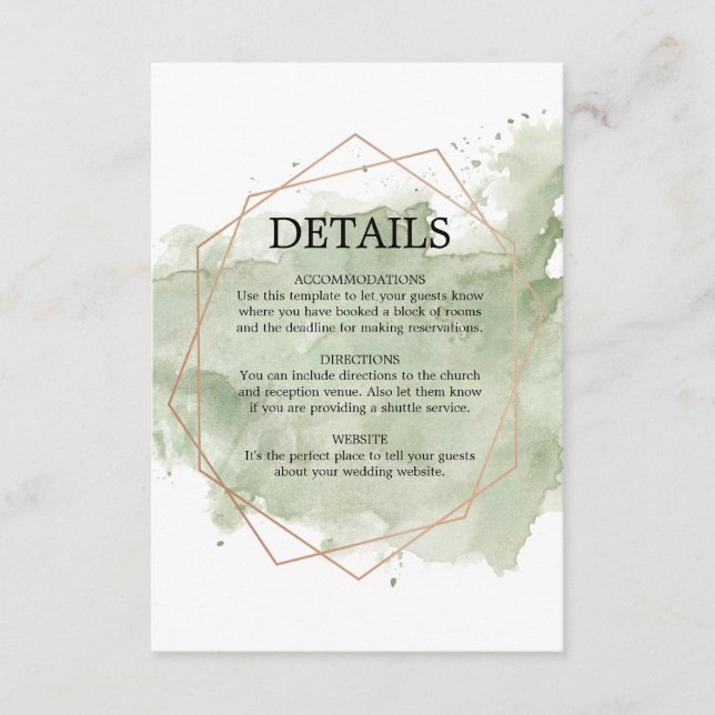 Carte de détails du Mariage rose Gold & Green Wate (Devant)