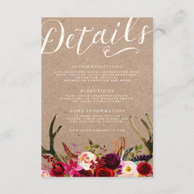 CARTE DE DÉTAILS | Élégant Boho Floral Rustique An (Devant)