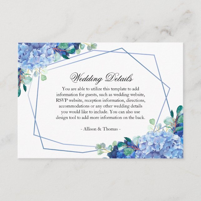 carte de détails mariage bleu hydrangea eucalyptus (Devant)