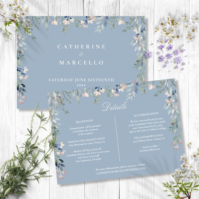 Carte de détails Mariage Cascade bleu Dusty Floral (Dusty Blue Floral Cascade Wedding Details Card)