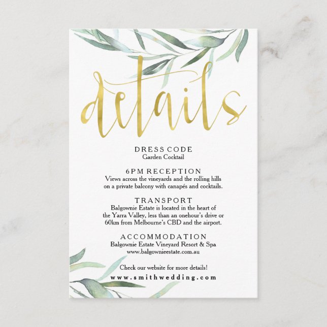 Carte de détails Mariage Eucalyptus Gold (Devant)