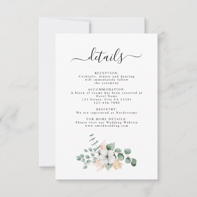 Carte de détails Mariage Farmhouse Cotton Eucalypt (Devant)