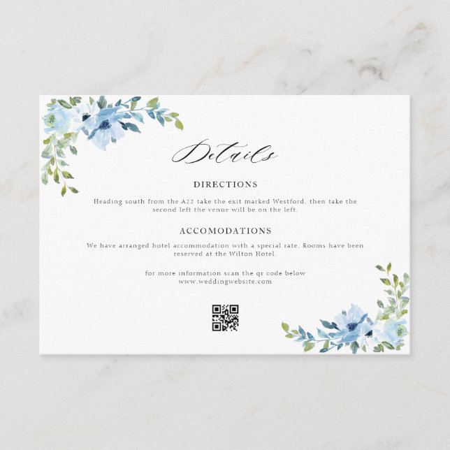 carte de détails mariage floral bleu (Devant)