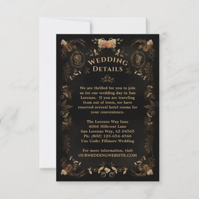 Carte de détails Mariage Halloween Golden Skeleton (Devant)