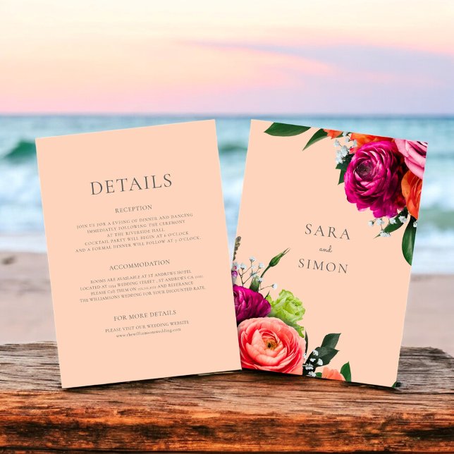 Carte de détails mariage moderne à pêche florale (modern peach background with vibrant florals , ideal for any wedding season)