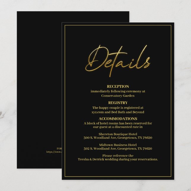Carte de détails Mariage moderne Black and Gold (Devant / Derrière)