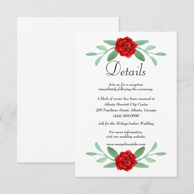 Carte de détails Mariage Red Floral Greenery Folia (Devant / Derrière)