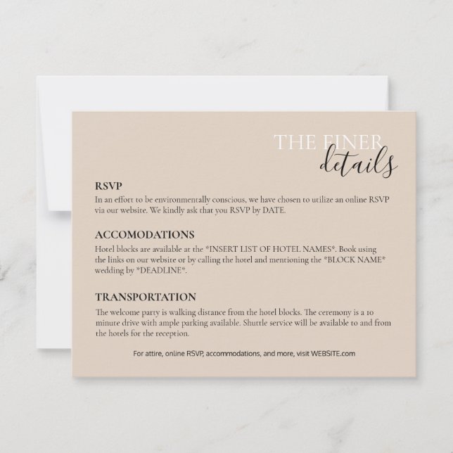 Carte de détails mariage | RSVP, Hôtel, Transports (Devant)