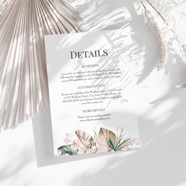 Carte de détails Mariage Tropical Orchid and Monst (Tropical Orchid and Monstera Wedding Details Card on a sunny white table.)