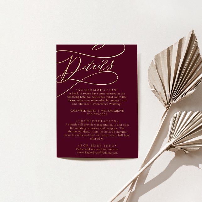 Carte de détails Romantique Bourgogne et Gold Foil (Romantic Burgundy and Gold Foil Details Card)