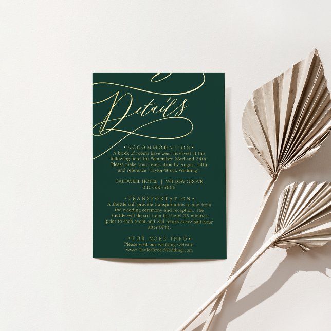 Carte de détails romantique Emerald Green et Gold  (Romantic Emerald Green and Gold Foil Details Card)