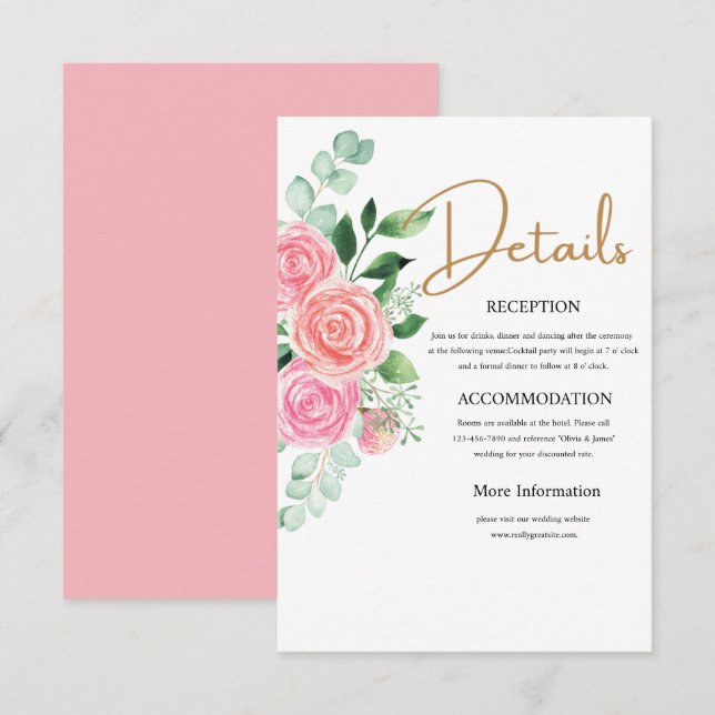 Carte de détails roses et Mariage Eucalyptus (Devant / Derrière)