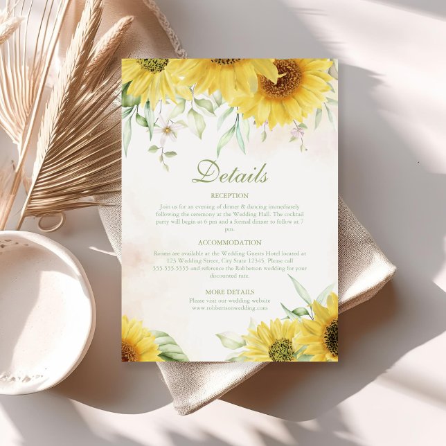 Carte de détails Rustic Sunflower Delight (Rustic Sunflower Delight Details Enclorsure Card on a boho sunny table.)