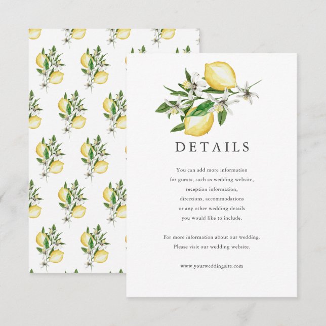 Carte de détails sur l'aquarelle florale de citron (Devant / Derrière)