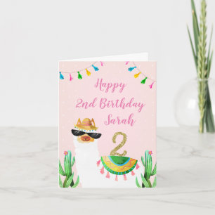 Carte de deuxième anniversaire rose llama