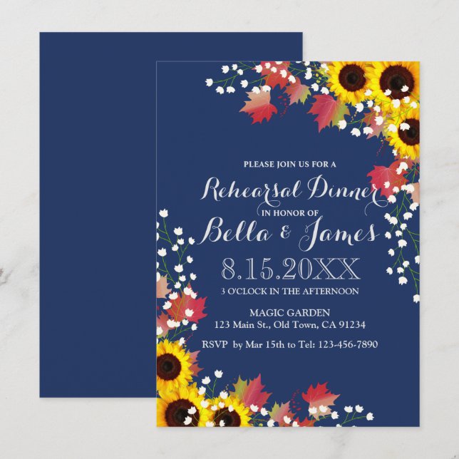 Carte de dîner de la Marine Blue Sunflower (Devant / Derrière)